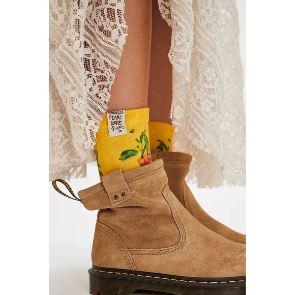 Magnolia Pearl Yellow Socks Cherry Pie Bohemian Floral Fruit Print NWT - Picture 2 of 2